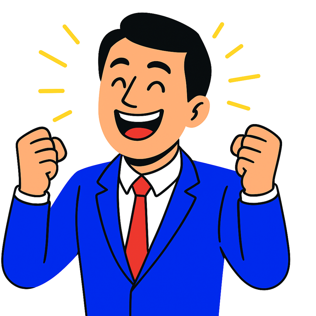 A cartoon man in a blue suit with a red tie, smiling and celebrating with clenched fists and yellow lines behind him indicating excitement.