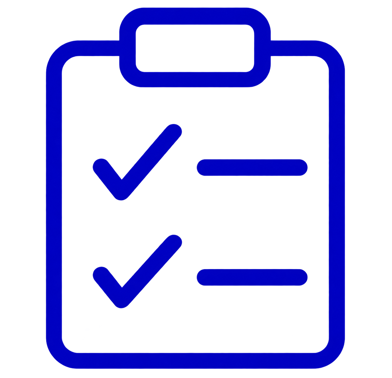 Blue clipboard with checkmarks and lines indicating completed tasks or items.