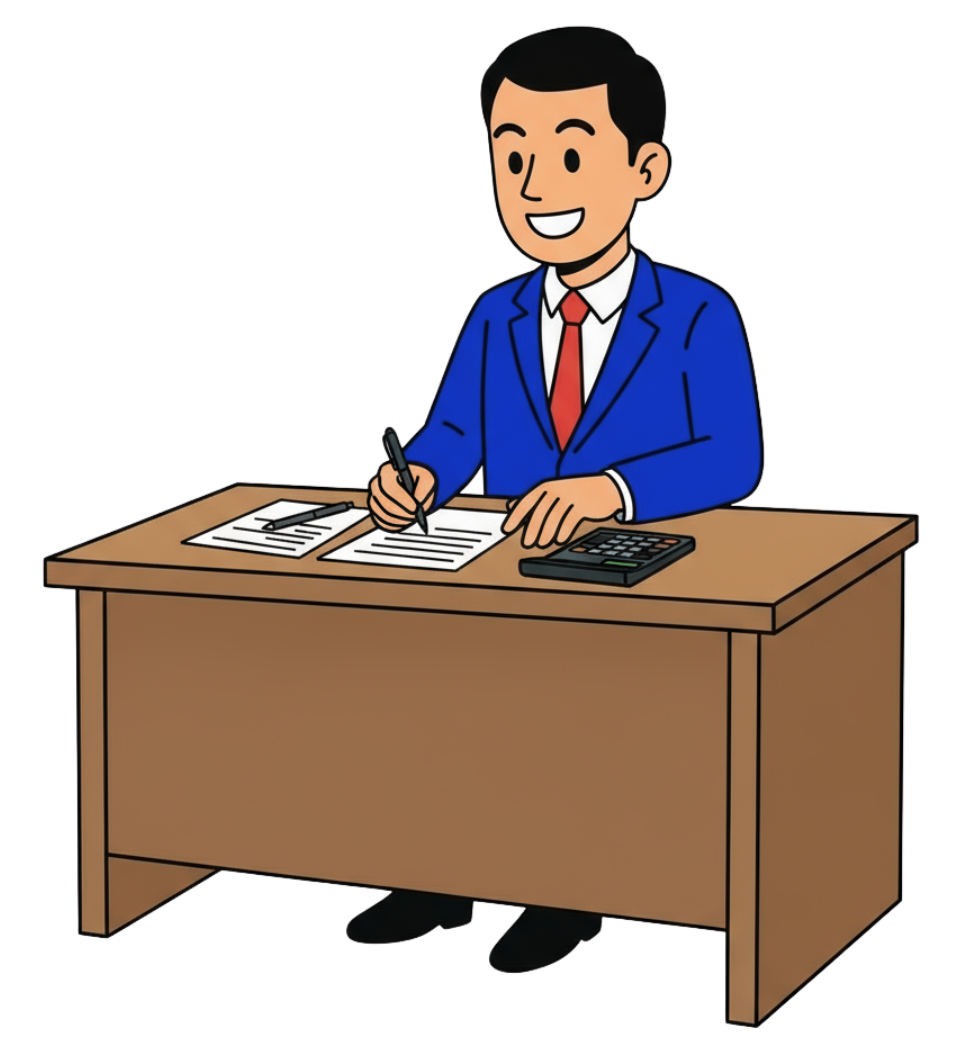 A cartoon man in a blue suit with a red tie sitting at a wooden desk, smiling, holding a pen, with papers and a calculator on the desk.
