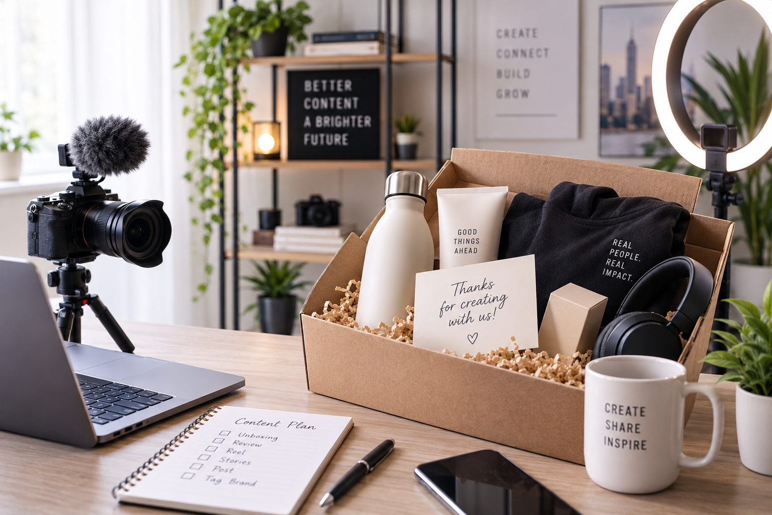 Content creator studio with an open brand PR package, camera, ring light, laptop, and products arranged for an unboxing video.