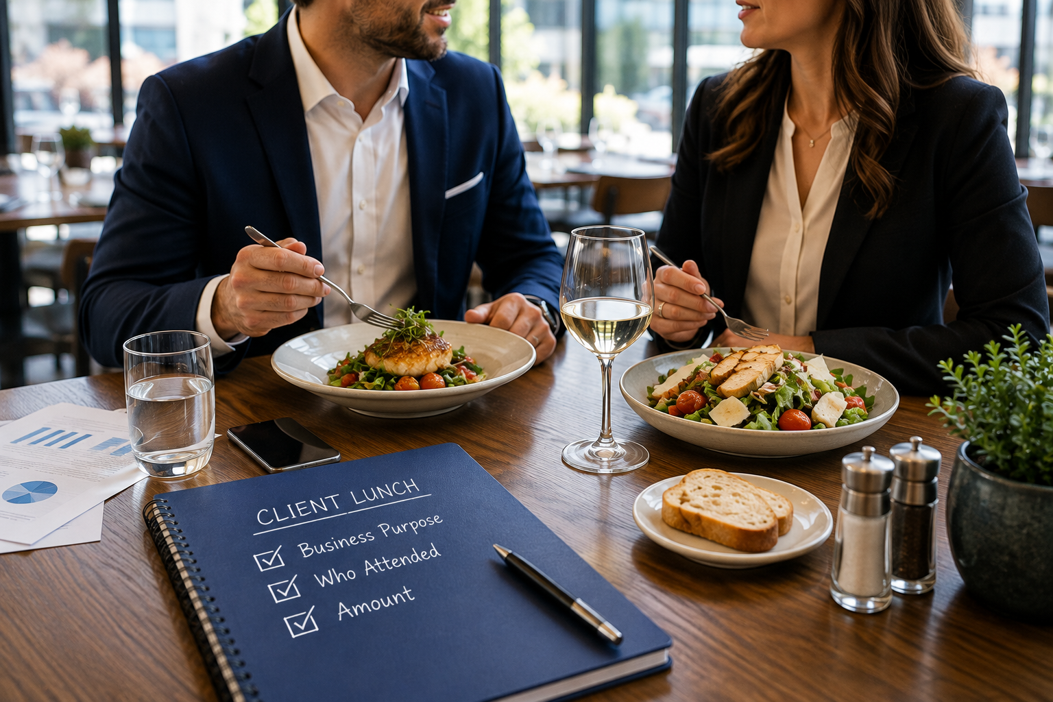 Business professionals having a client lunch with a notebook documenting the business purpose, attendees, and meal expense for tax records.