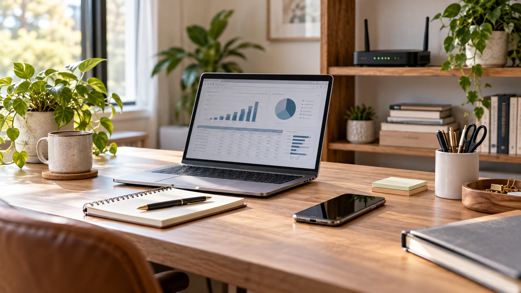 Cozy modern home office workspace featuring a laptop, smartphone, Wi-Fi router, and office supplies, illustrating business internet and cell phone tax deductions.