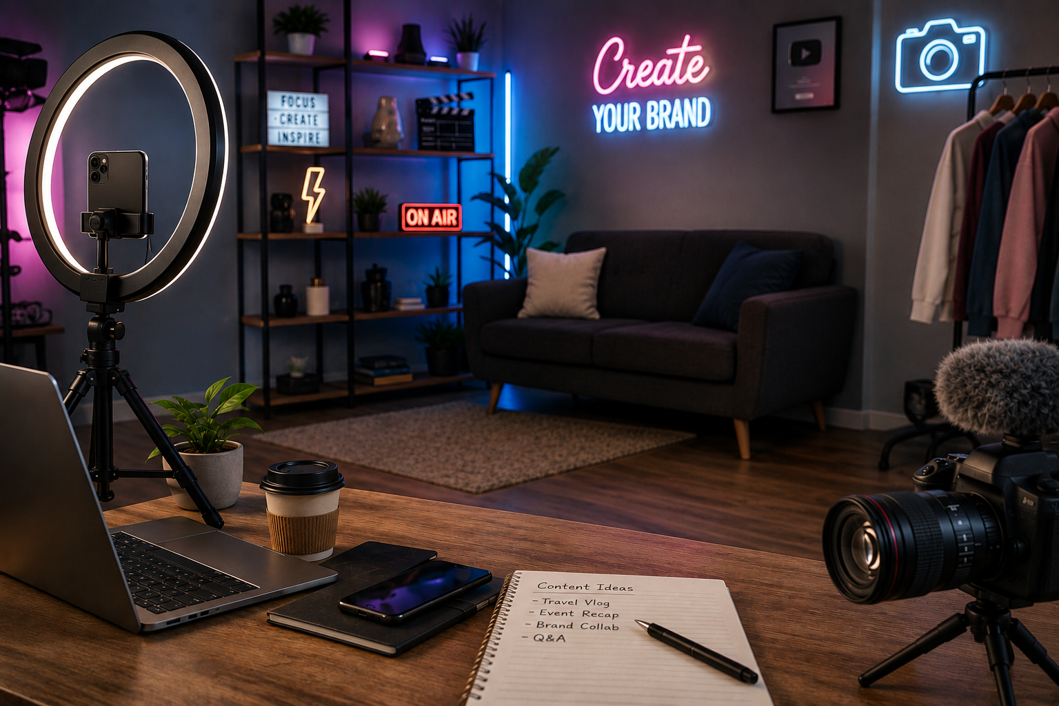 Modern social media influencer studio with ring light, smartphone, camera, laptop, and content creation equipmen