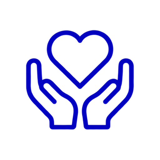 Blue outline of hands holding a heart against a black background.