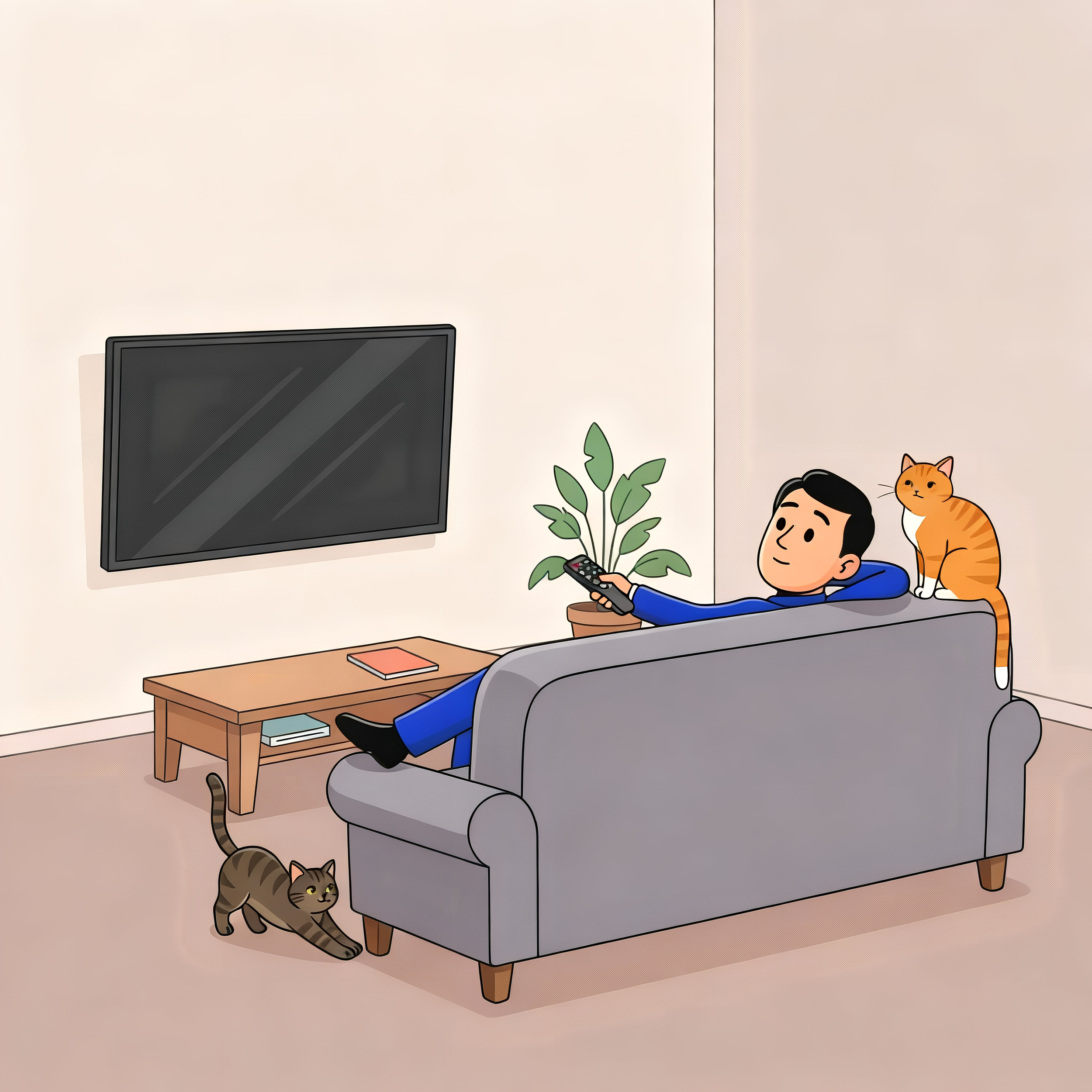 A man relaxing on a gray sofa watching TV with three cats nearby, one on the sofa's armrest and two on the floor, in a living room with a wooden coffee table, a potted plant, and a wall-mounted television.