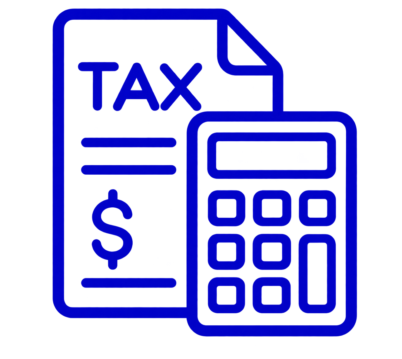 Illustration of a notebook with the word 'TAX' and a dollar sign, and a calculator, both outlined in blue.