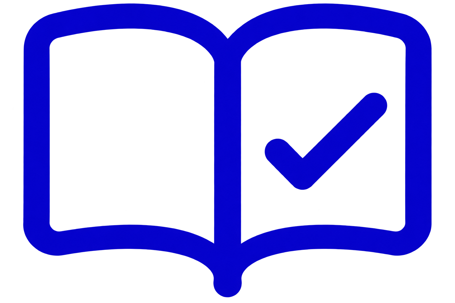 Icon of an open book with a check mark inside it, rendered in blue.