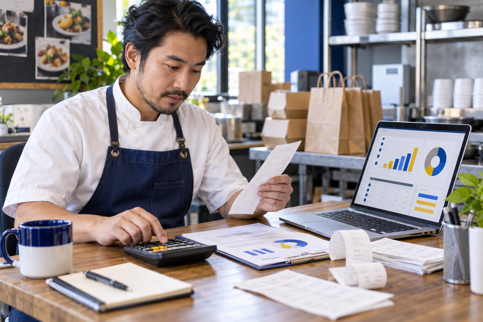 Restaurant owner reviewing delivery-app sales reports, receipts, and payouts at a desk.
