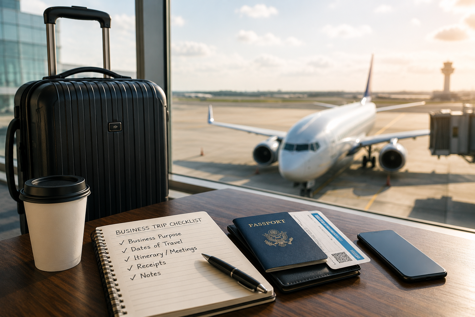 Business travel checklist with luggage, passport, boarding pass, and airplane at an airport for IRS business travel tax deductions.