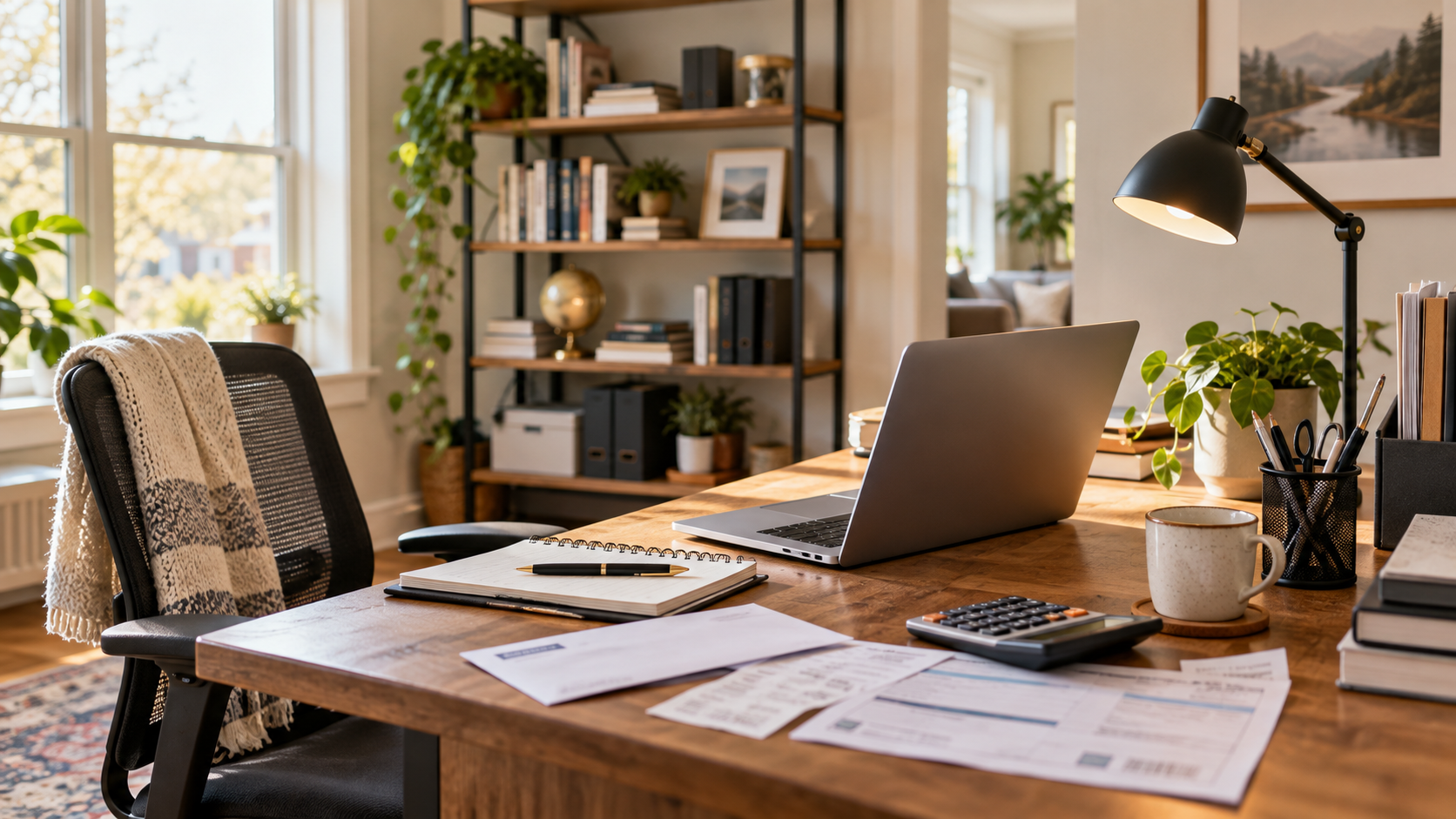 Home office with a laptop, calculator, paperwork, and office supplies on a wooden desk, illustrating potential home office tax deductions