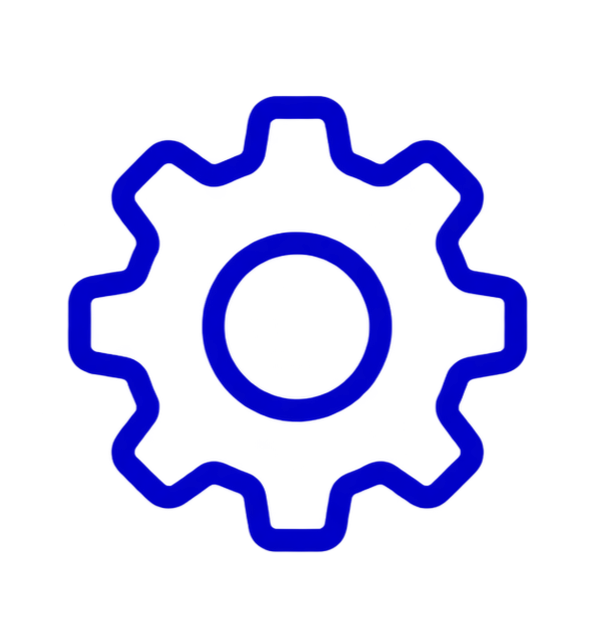 A blue gear icon on a black background