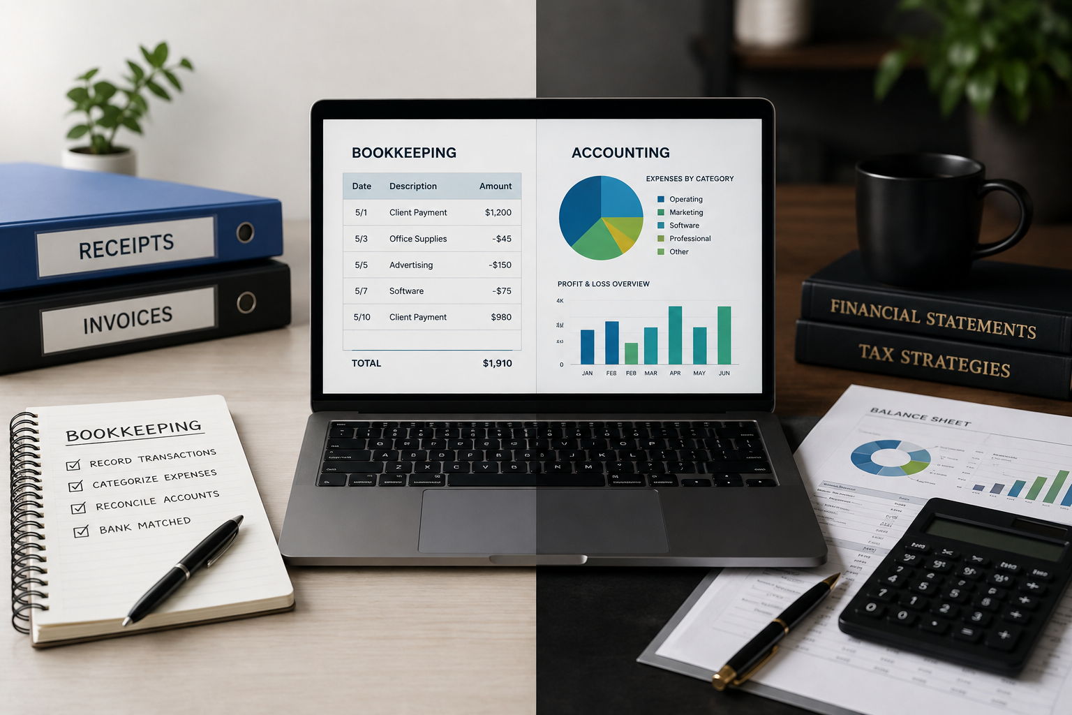 Bookkeeping vs. accounting workspace with receipts, financial statements, calculator, and laptop displaying bookkeeping records and accounting reports.