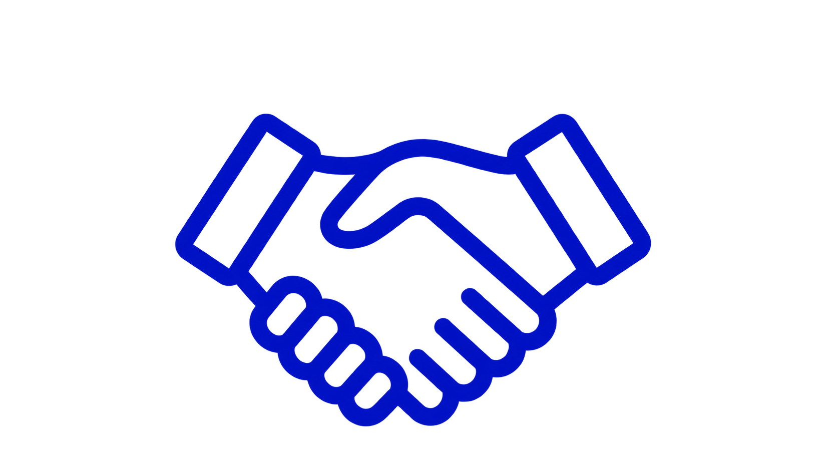Blue outline icon of two hands shaking.