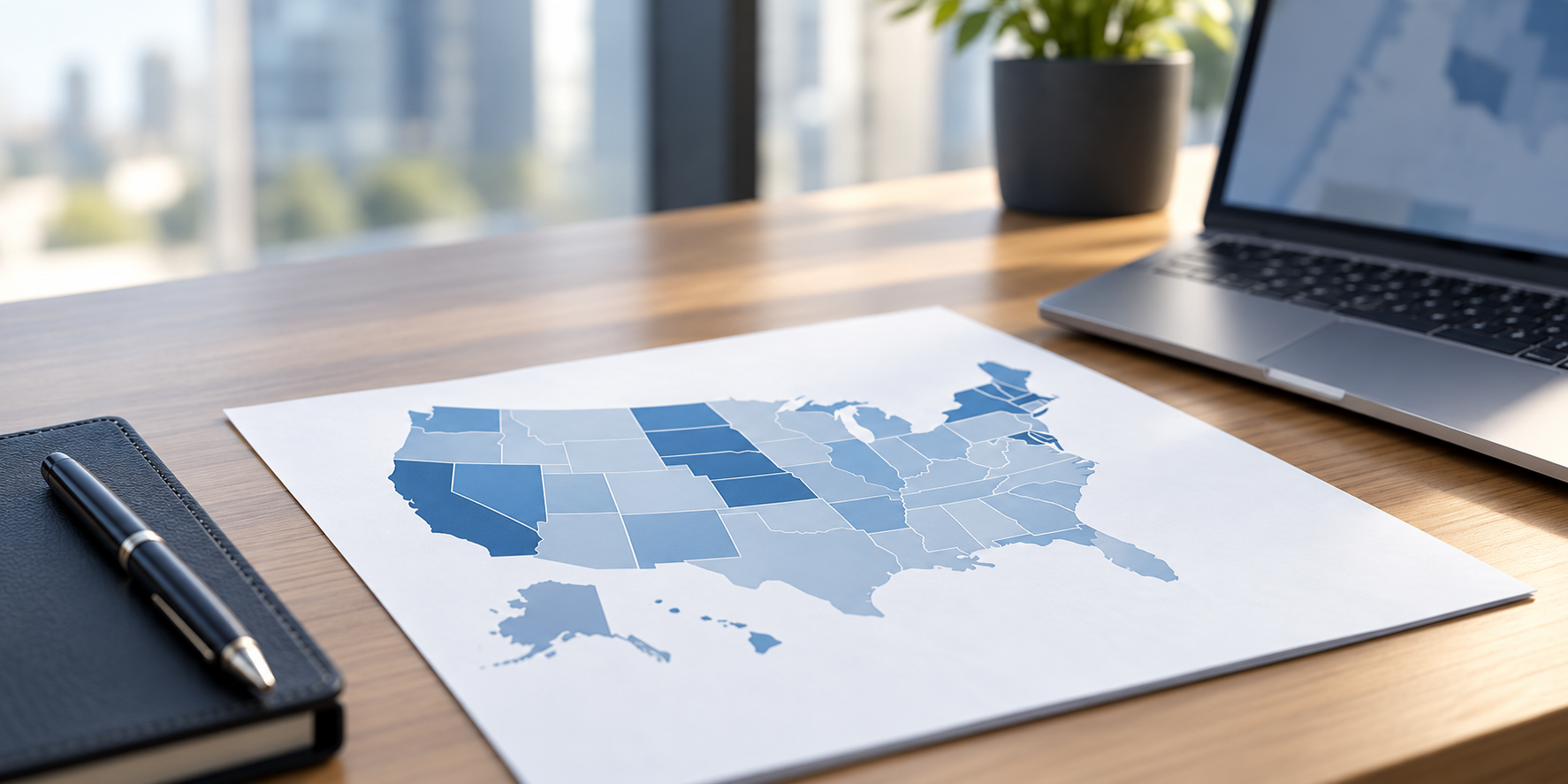 A map of the United States with states shaded in different shades of blue, placed on a wooden desk next to a closed laptop, a black notebook with a pen on top, and a potted plant in the background.