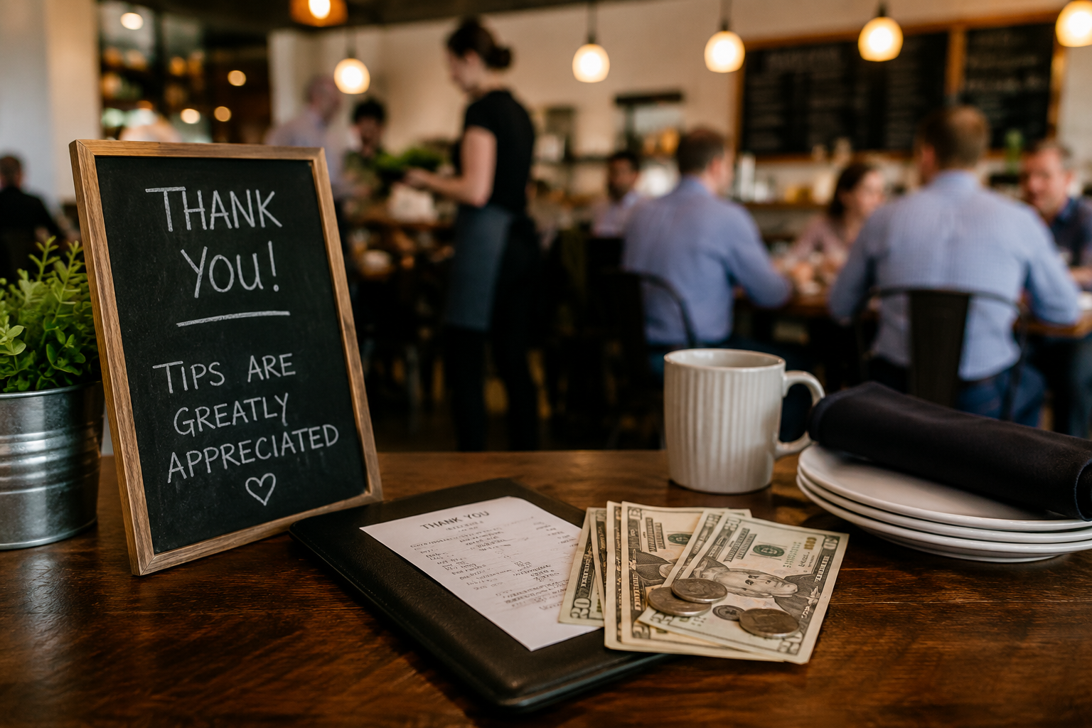 Restaurant table with receipt, cash tip, and a sign thanking customers for tips, with servers and diners in the background.