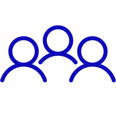 Icon of three stylized human figures in blue, representing a group or community.