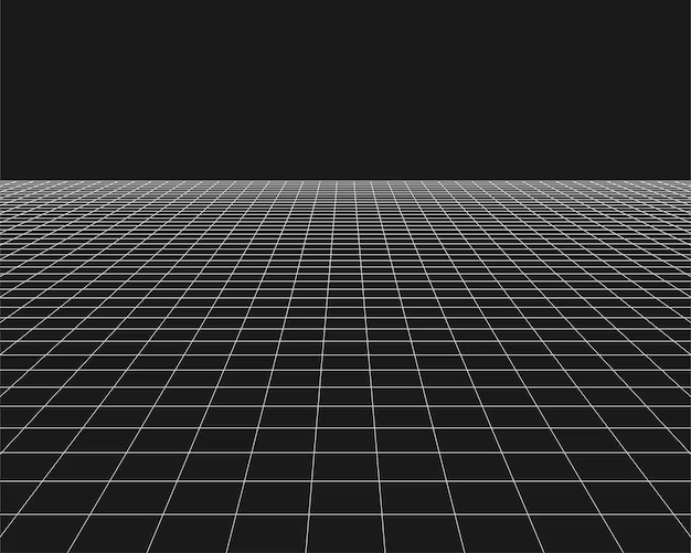 A digital grid landscape with a black sky and a horizon, featuring a geometric, computer-generated 3D effect.