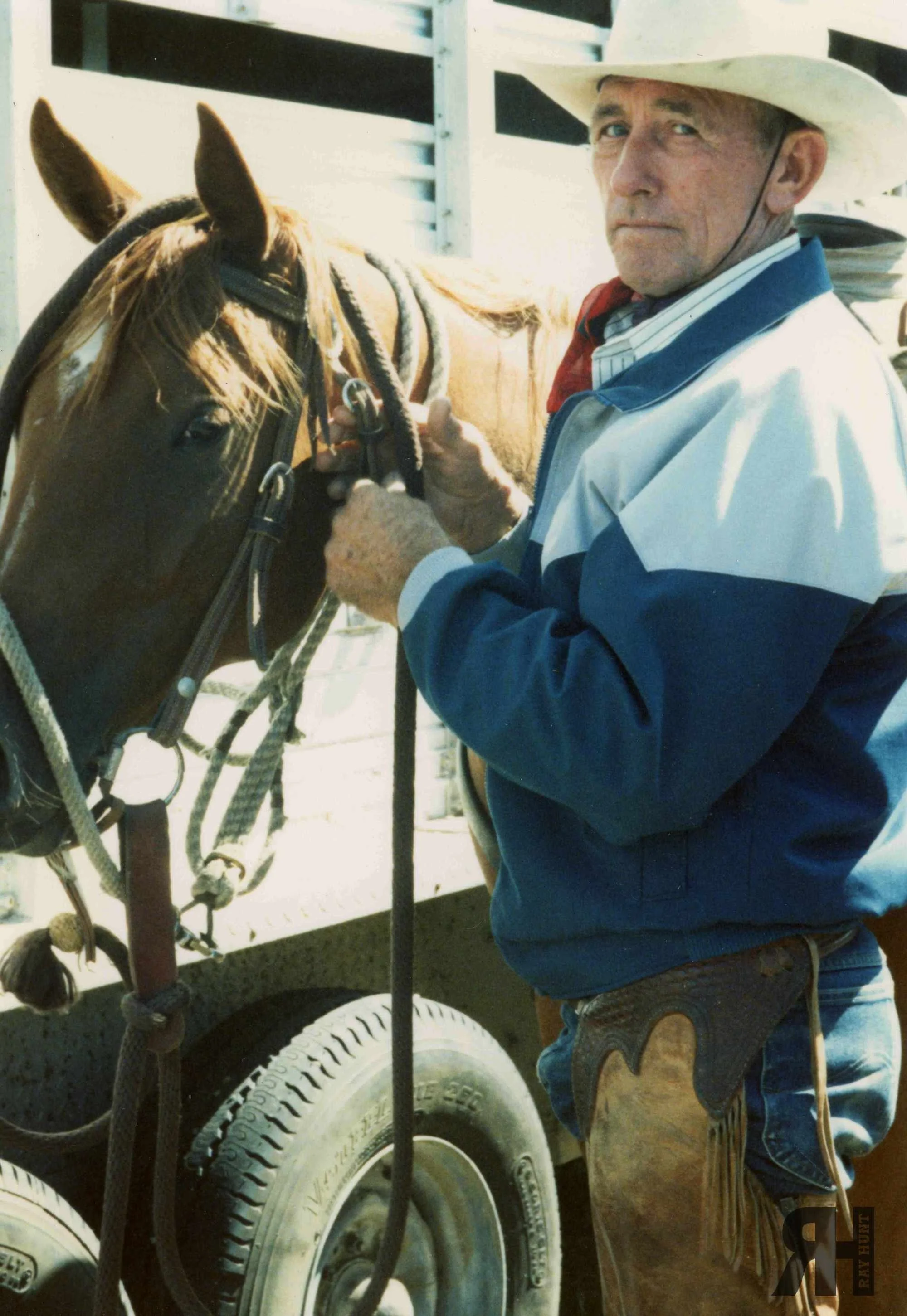 Ray Hunt at the trailer with his horse, fixing the headstall.  Sunny day, Ray is wearing his blue coat, chaps, levis and is looking direct into the camera.