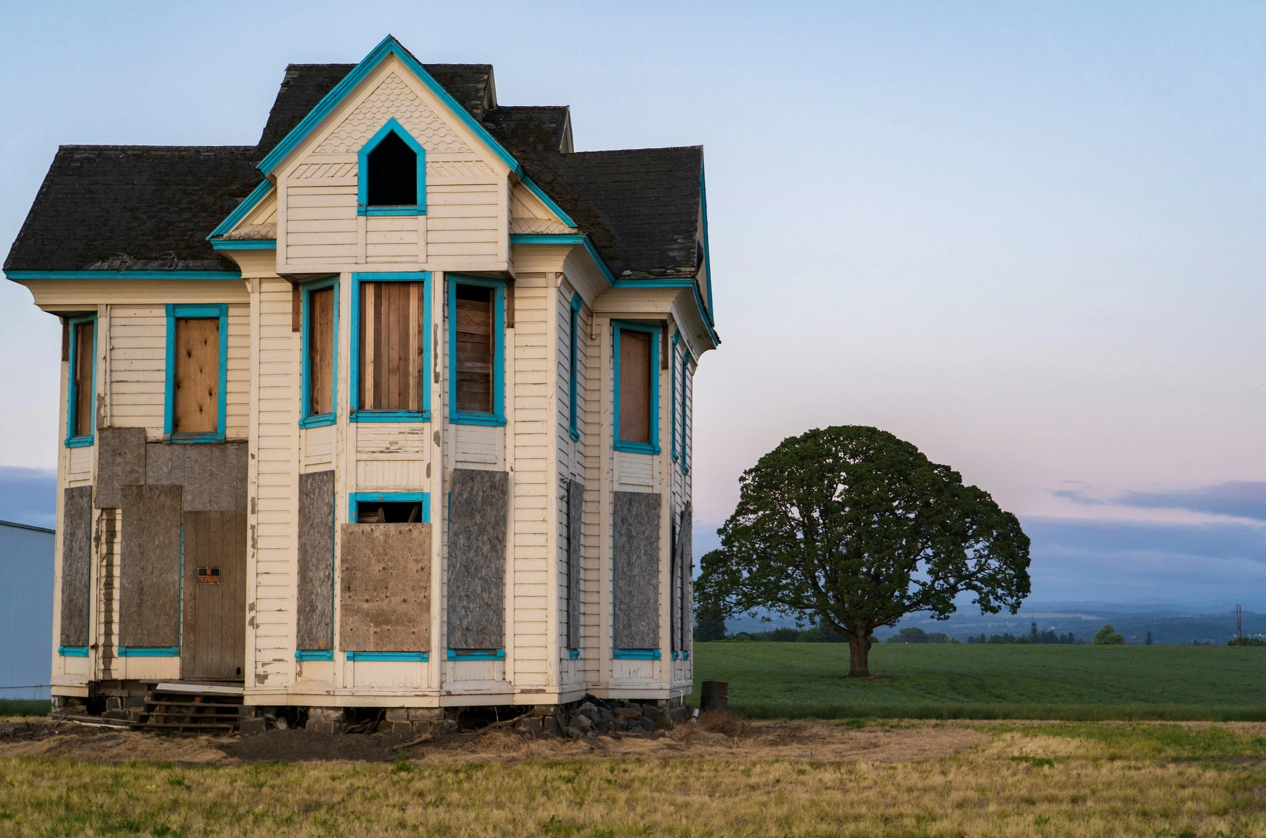 Old house with boarded-up windows and missing sections, situated in a grassy field with a single large tree in the background, under a cloudy sky.