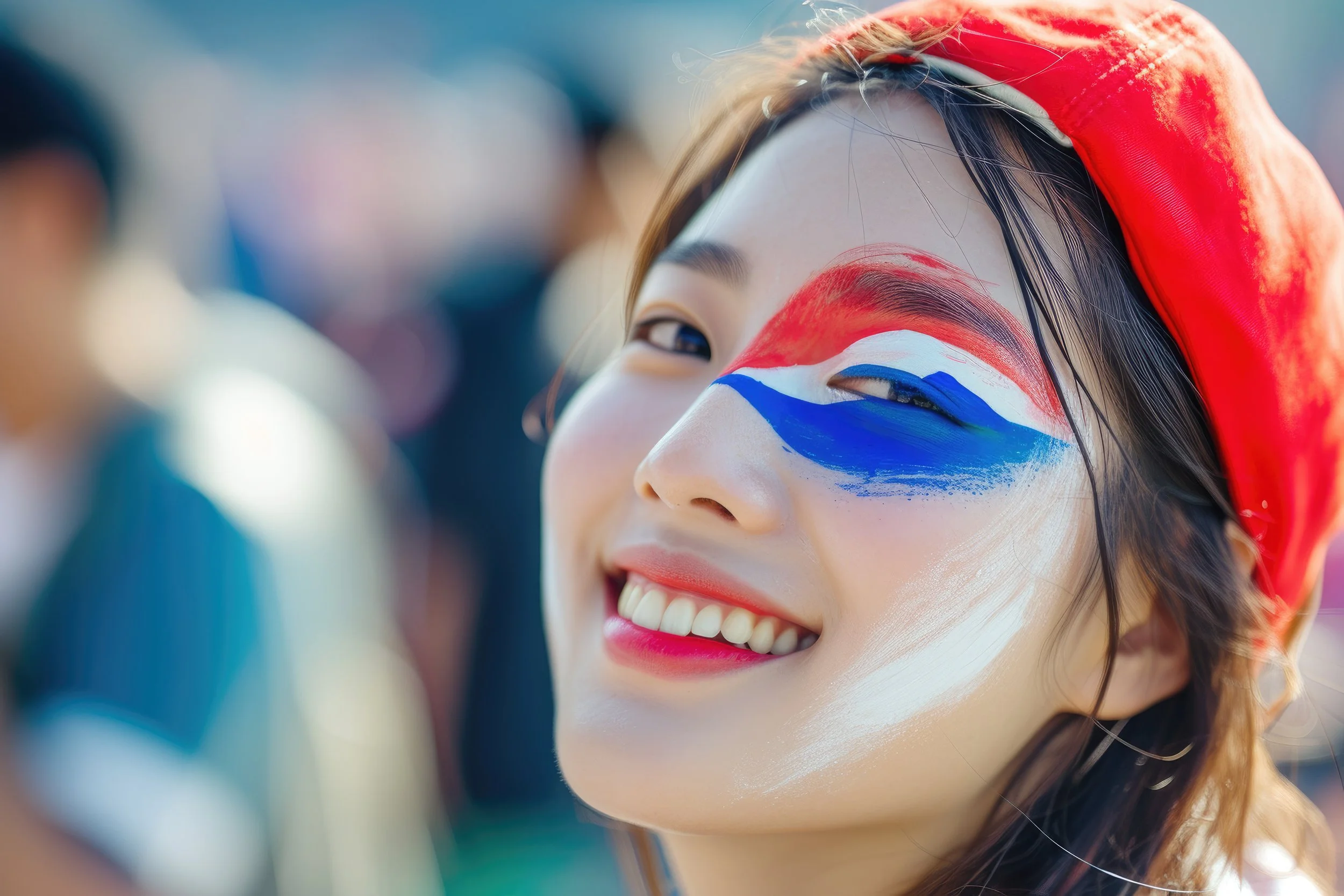 A young woman with face paint in red, white, and blue resembling a flag, smiling with a red headband, in a crowd.