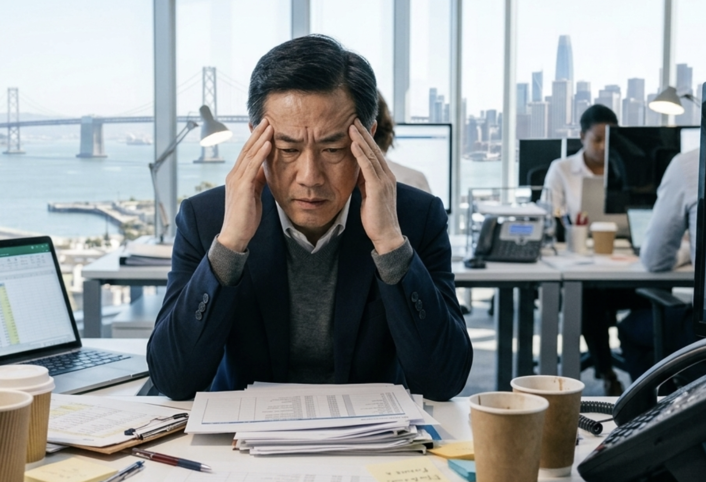 Person stressed at work with too much to do.