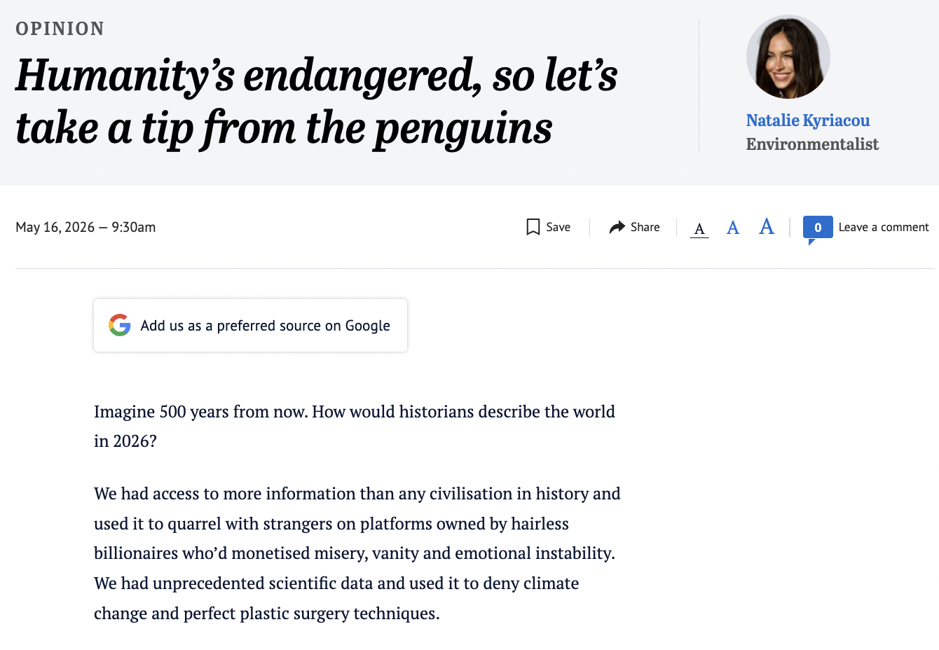 Natalie Kyriacou speech Sydney Morning Herald