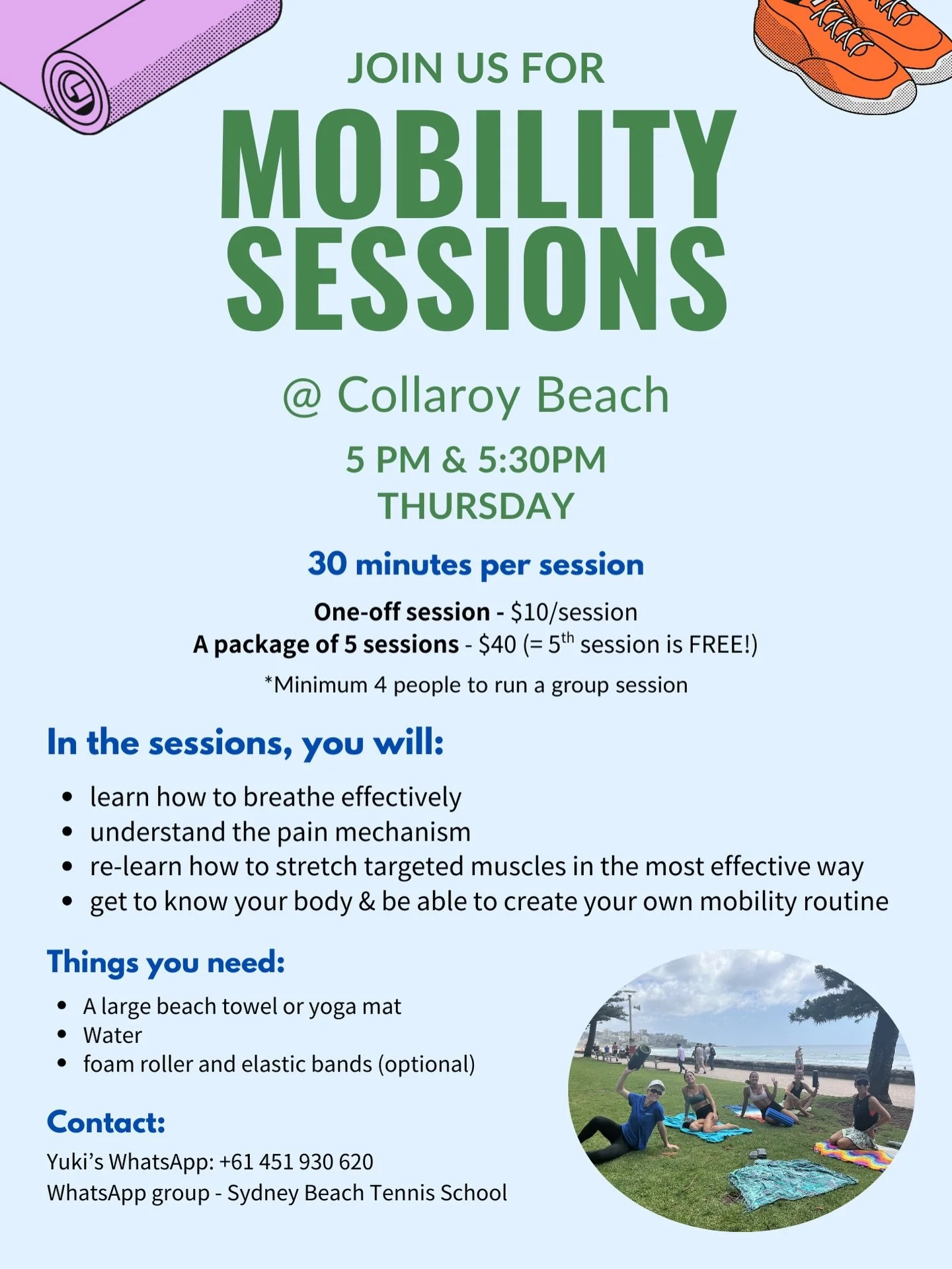 Details:
📅 Thursdays at 5:00 PM and 5:30 PM
📍Collaroy Beach

In these sessions, we&rsquo;ll cover:
⭐️Body Awareness: Understanding pain science and identifying your restrictions.
⭐️Sport-Specific Movement: Exercises tailored for sports and activiti