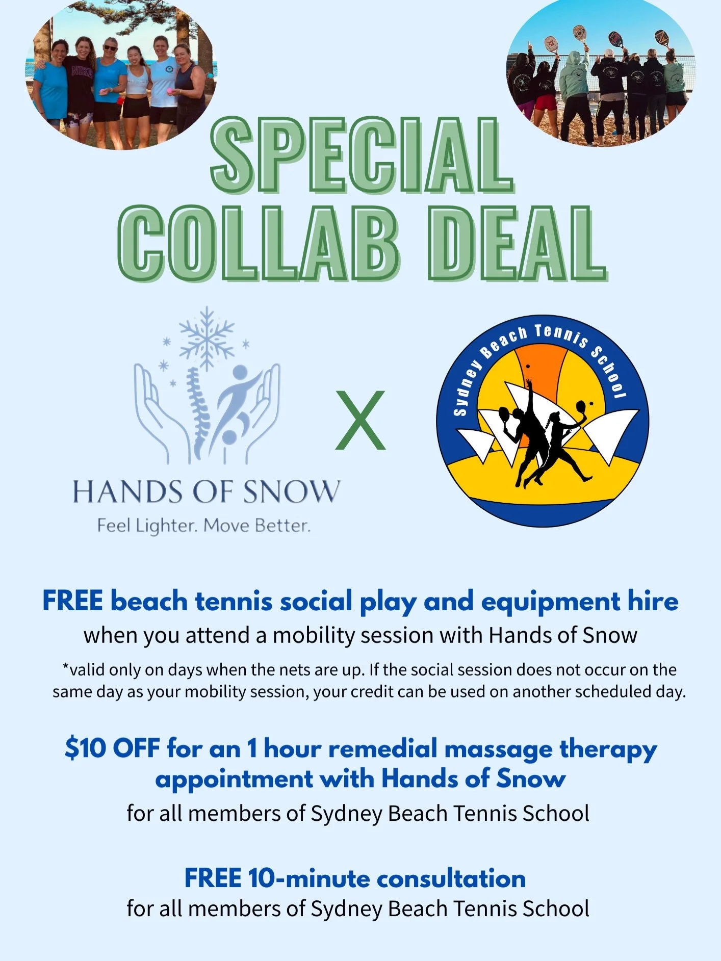 🔥PLAY &amp; RECOVER LIKE A PRO🔥

✨SPECIAL COLLAB DEAL✨
@yuki_hands.of.snow @sydneybeachtennisschool 

❤️FREE Beach Tennis Social Play and Equipment Hire
Curious about the sport? All mobility session attendees with Yuki get FREE social play and equi