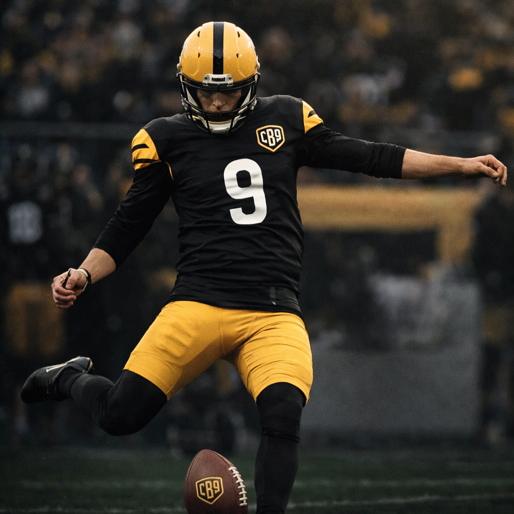 A football player kicking a ball during a game, wearing black and yellow uniform and helmet, on a sports field.