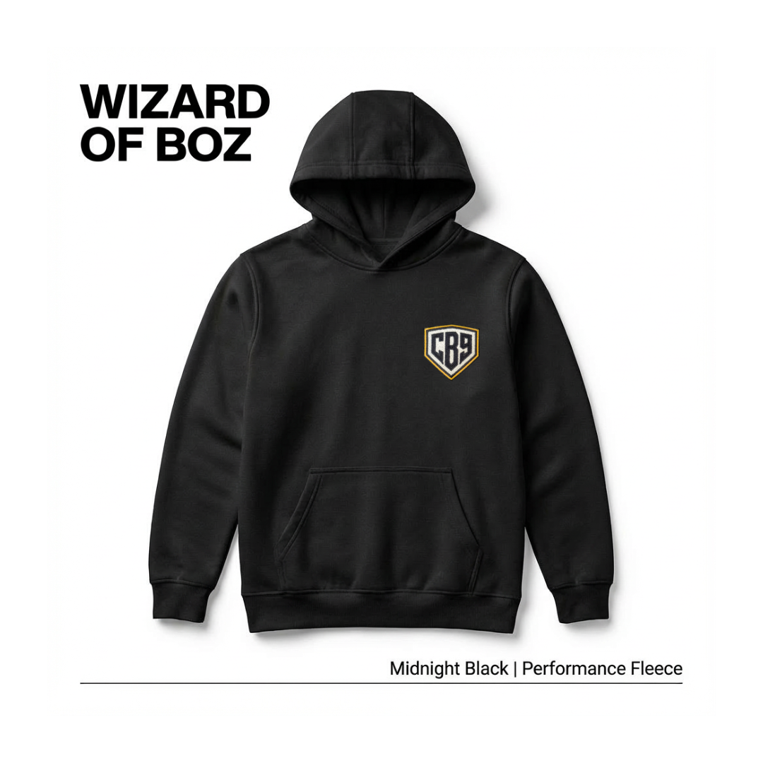 Black hoodie with a front pocket and hood, featuring a logo with the text "CB9" on the chest, displayed on a white background with the text "Wizard of Boz" in the top left corner and "Midnight Black | Performance Fleece" at the bottom.