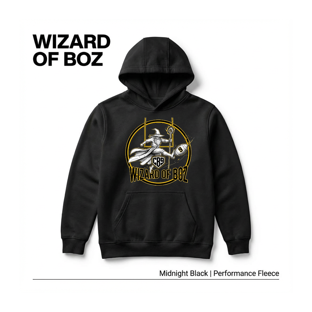 Black hoodie featuring a design of a wizard holding a staff and a cue ball, with the text "WIZARD OF BOZ" and "CB9."