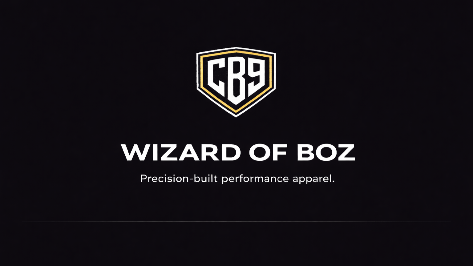 Black background with a shield logo at the top featuring the text 'CB9', and in the center, white text that reads 'WIZARD OF BOZ' with a subtitle 'Precision-built performance apparel'.