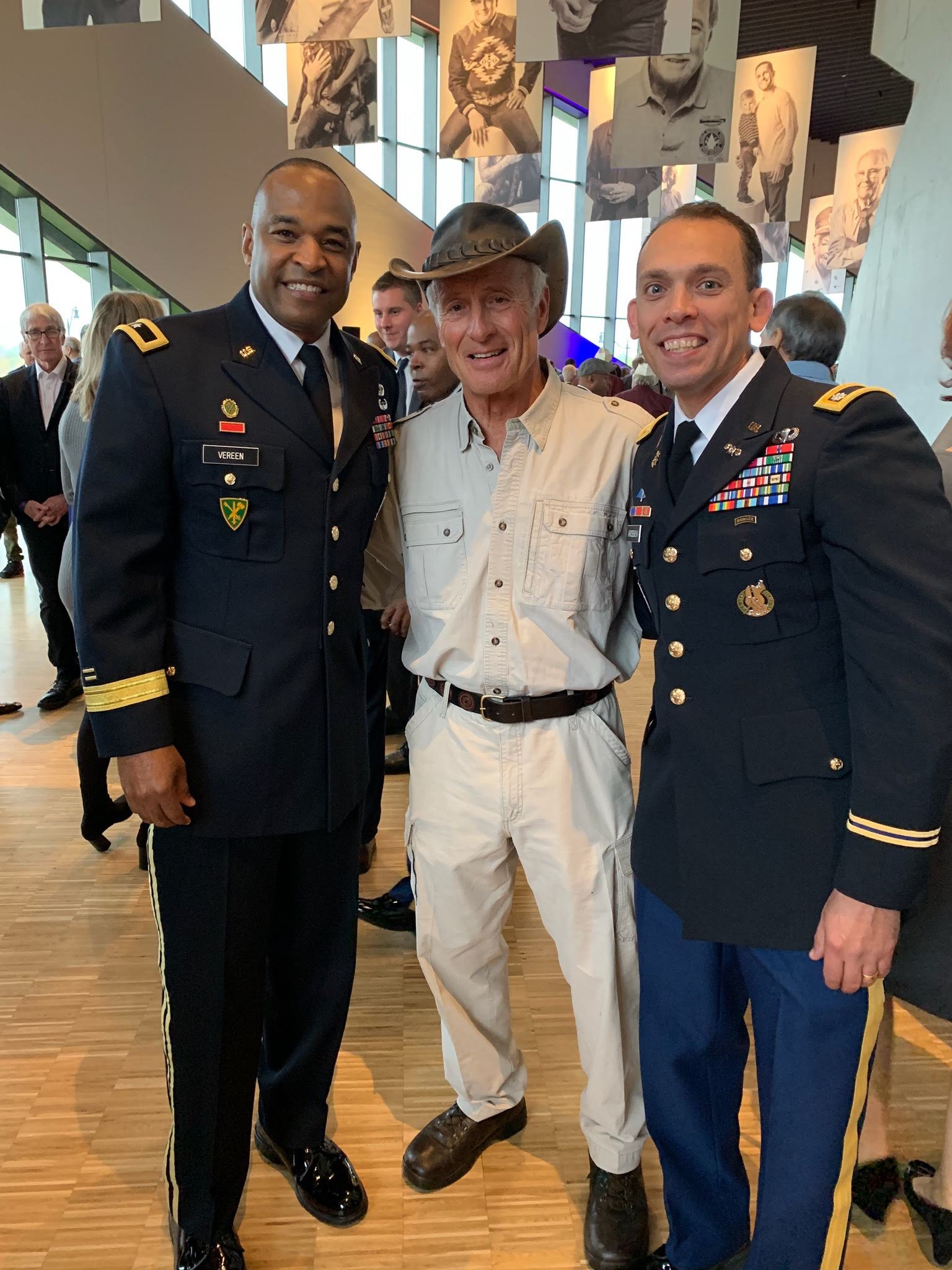 Brig. Gen. Vereen and a recruiting non-commissioned officer greet Jack Hanna, director emeritus of the Columbus Zoo and Aquarium at a military event.