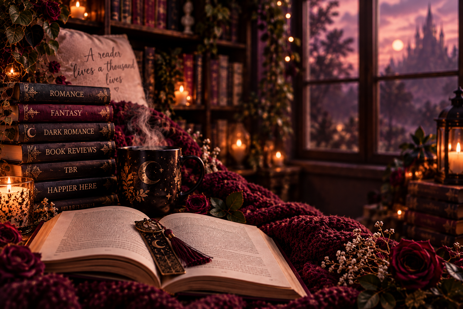 Cozy reading nook with open book, stacked books, candlelight, mug, roses, and fairy lights at sunset.