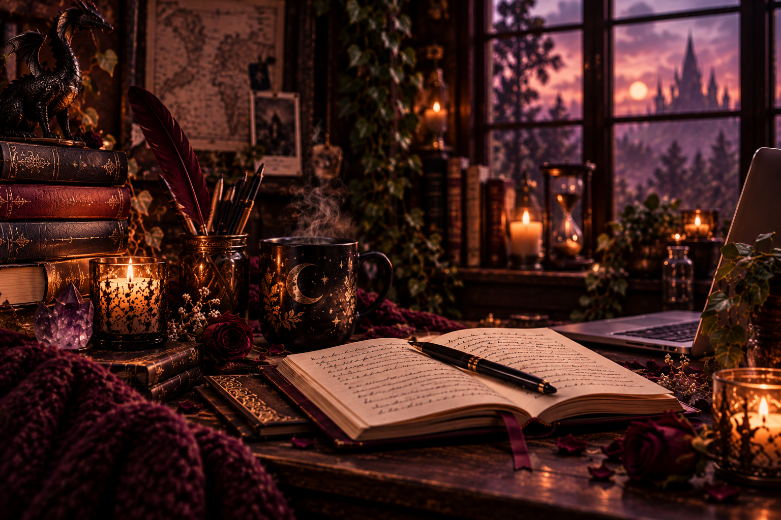 A mystical workspace with an open notebook, pen, books with celestial designs, candles, a steaming mug with moon and star motifs, and crystal decor, set in a dimly lit room with a sunset visible through a window.