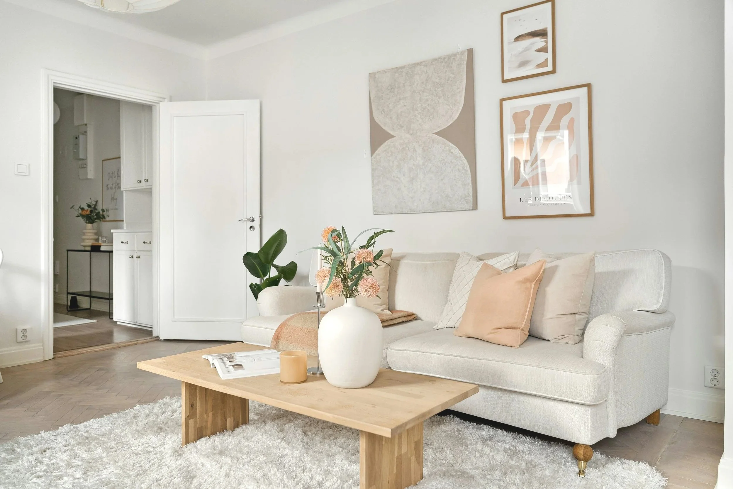 Living room with a beige sofa, wooden coffee table, decorative vases, framed artwork on white walls, a patterned area rug, and potted plants.