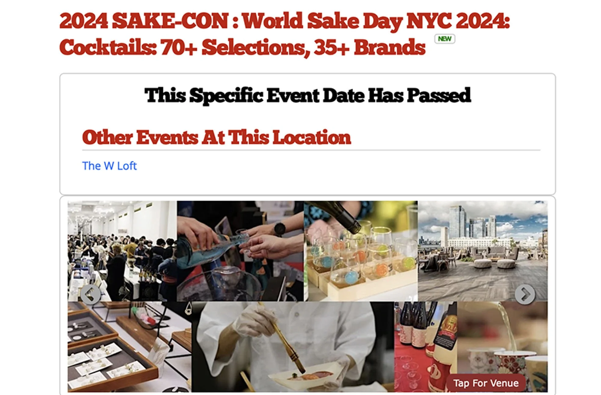 A webpage announcing the 2024 Sake-Con event in New York City, celebrating World Sake Day with over 70 cocktail selections and 35 brands. The page indicates the event date has passed and showcases images of a crowded conference room, sake tasting, outdoor rooftop with city view, jewelry display, a chef serving food, beverages, and a 'Tap For Venue' button.
