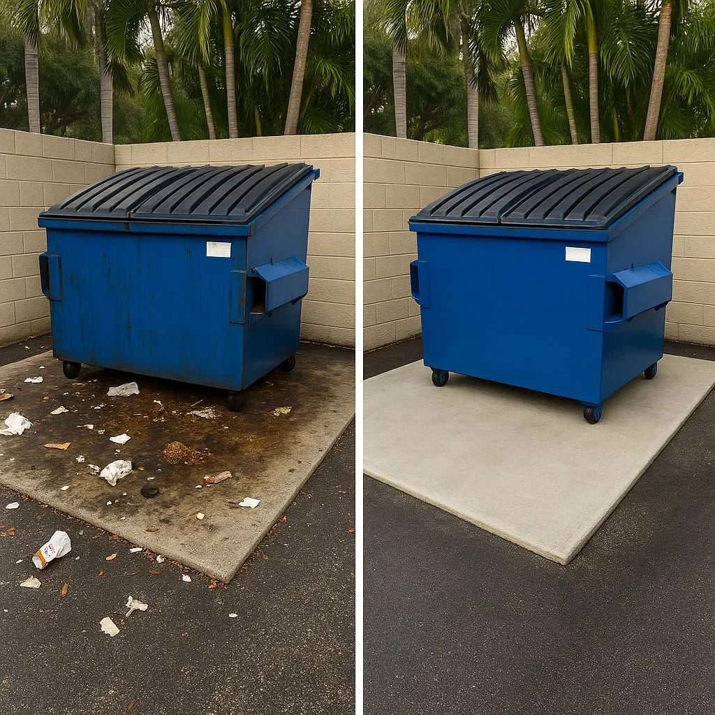 Comparison of a blue dumpster before and after cleaning, placed on a concrete pad against a beige brick wall with palm trees in the background.