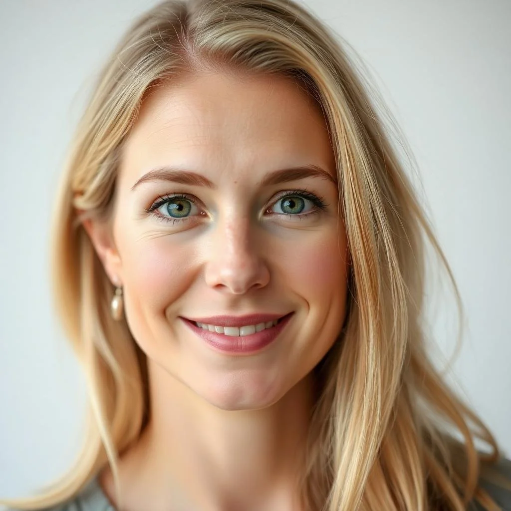 A young woman with blonde hair and blue eyes smiling at the camera.