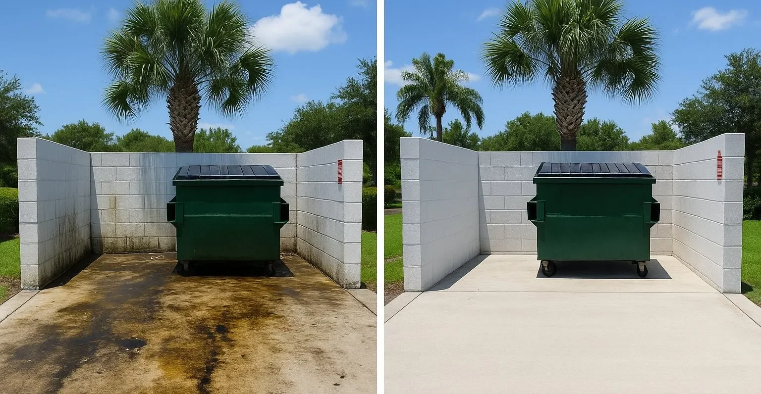 Side-by-side comparison of a dumpster area: on the left, a dirty, stained ground and dirty wall; on the right, a clean, white wall and clean ground, with a green dumpster in the center.