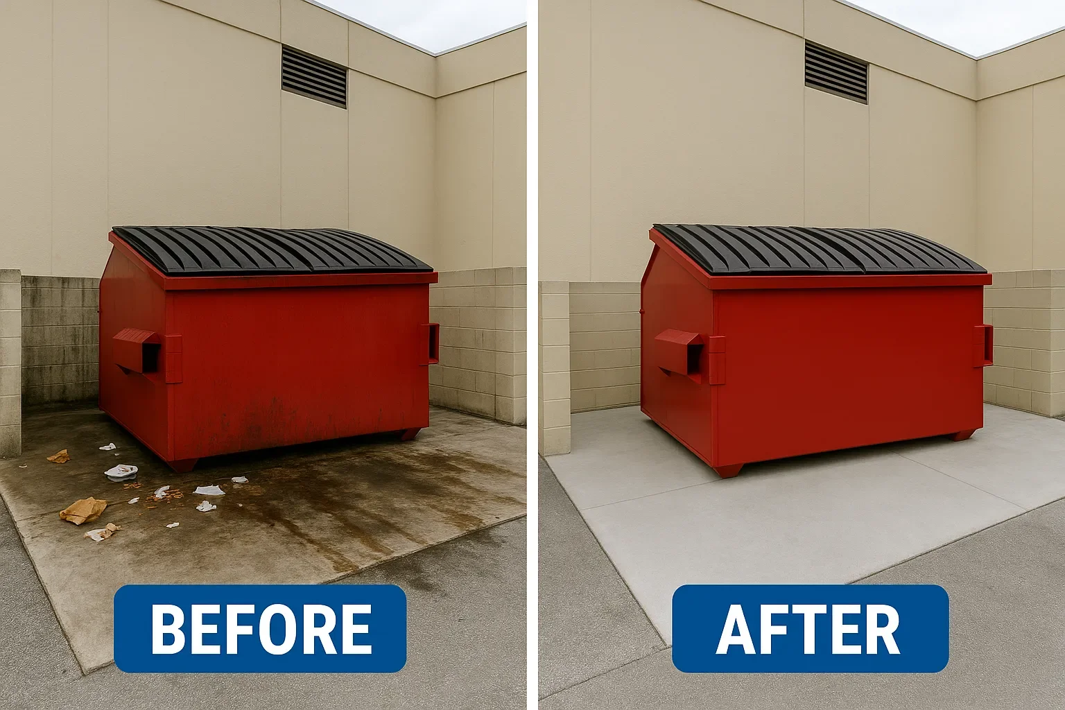 Side-by-side comparison of a red dumpster before and after cleaning. The "before" image shows trash and dirt around the dumpster, while the "after" image shows a clean area with a spotless sidewalk.