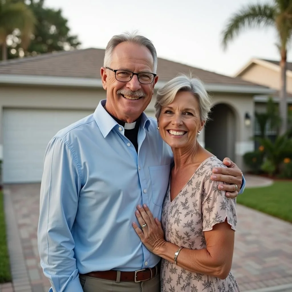 A middle-aged man and woman smiling and posing together outside a house, with the man wearing a clerical shirt under a blue button-up shirt, and the woman wearing a patterned dress.