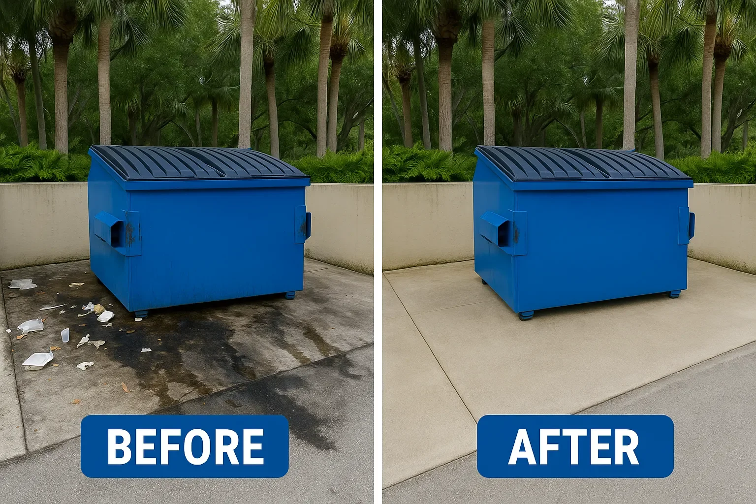 Side-by-side comparison of a blue trash dumpster before and after cleaning. The left side shows the dumpster with trash scattered around and dirty ground. The right side shows the dumpster cleaned with a clear, clean area around it.