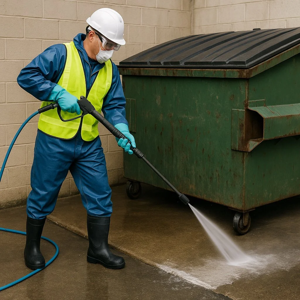 Worker cleaning the floor near a large green dumpster with a high-pressure hose, wearing safety gear including gloves, mask, goggles, helmet, and boots.