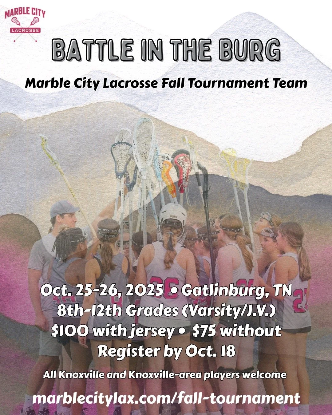 School just started, but the spring lacrosse season will be here before we know it! End fall ball strong with a weekend of competition at the 8th annual Battle in the Burg lacrosse tournament (Oct 25-26, Gatlinburg, TN). Reserve your spot now - link 