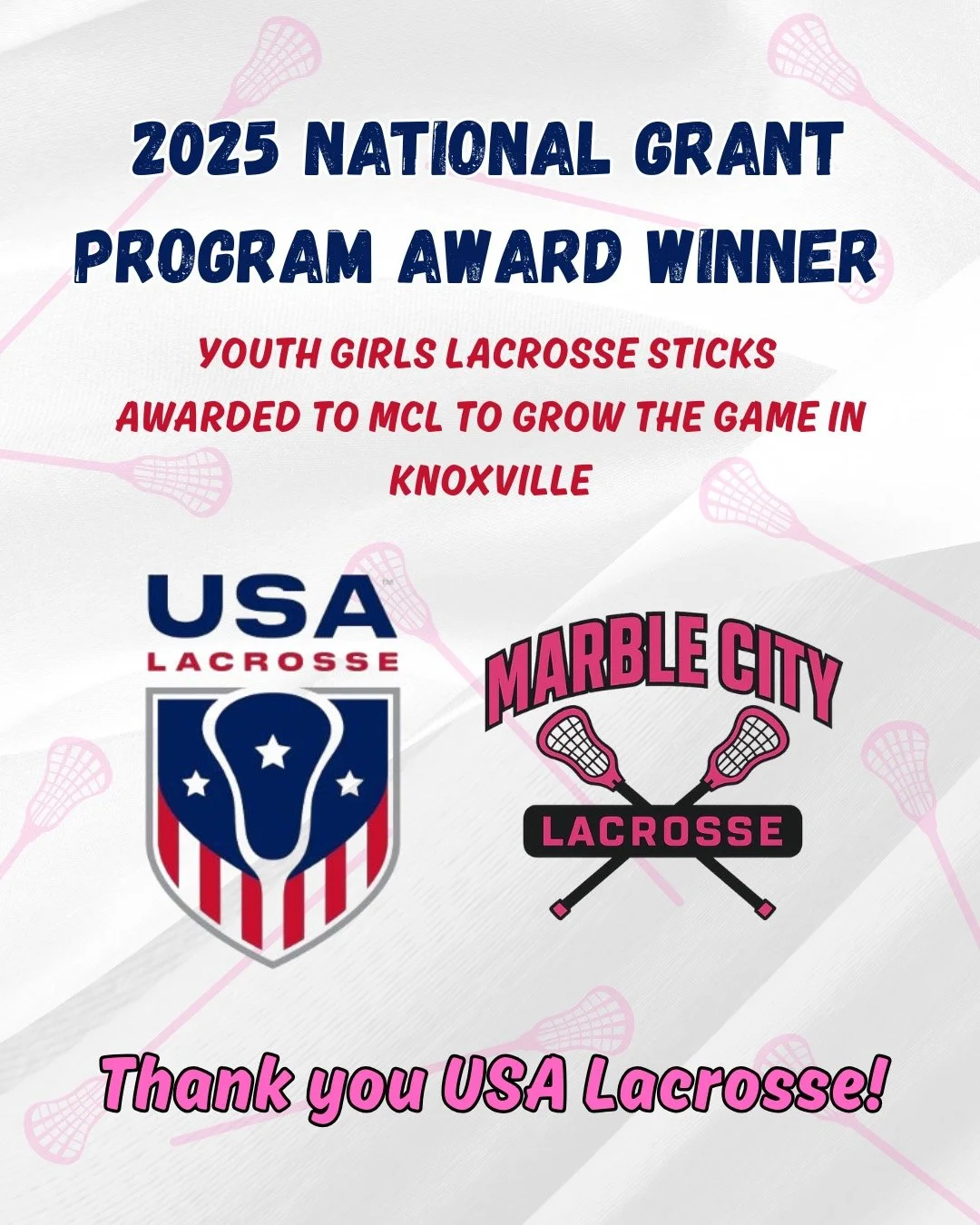 Marble City Lacrosse has been awarded a grant through USA Lacrosse to grow the game in Knoxville! This equipment grant will help us put sticks in the hands of new players and remove barriers to the sport. Marble City Lacrosse is committing to elevati