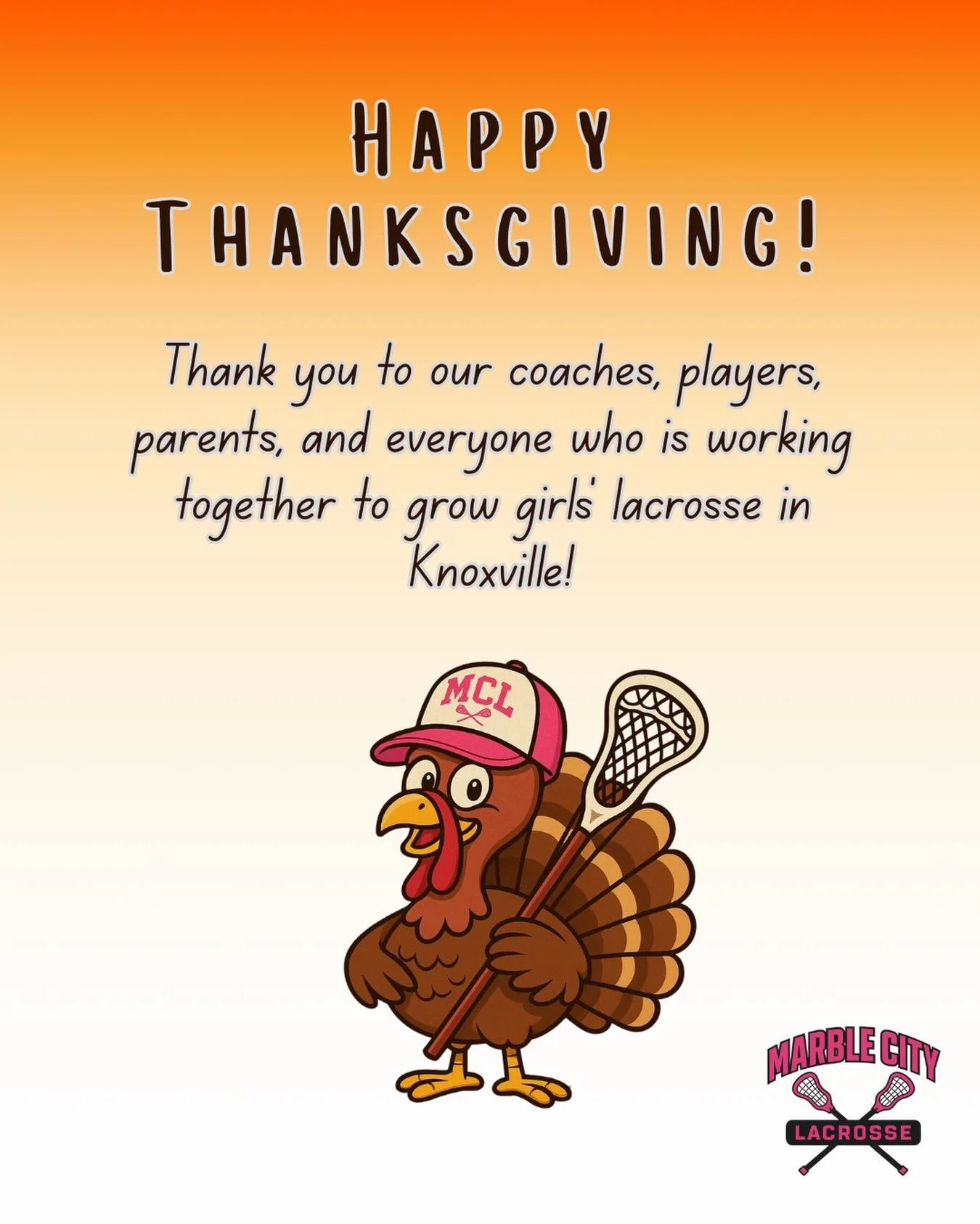 Happy Thanksgiving from Marble City Lacrosse!
We&rsquo;re grateful for our players, families, coaches, and the entire Knoxville lacrosse community.
Thank you for helping us grow the game! 🦃🥍#HappyThanksgiving #Thankful #marblecitylax 
#KnoxvilleLac