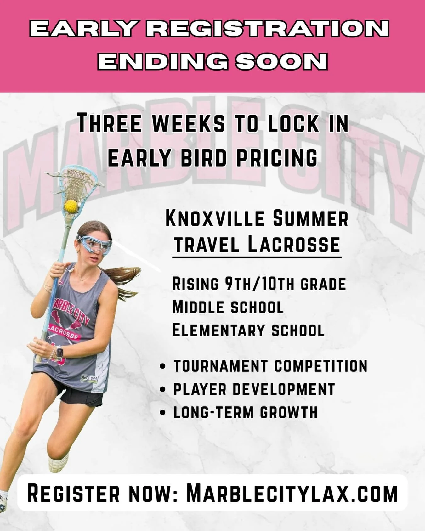 3 weeks left to lock in early bird pricing for Marble City Lacrosse Summer 2026! Sign up for a summer focused on development, reps, and long-term growth.

Tournament competition
Player development
Lacrosse IQ + confidence

Elementary | Middle School 
