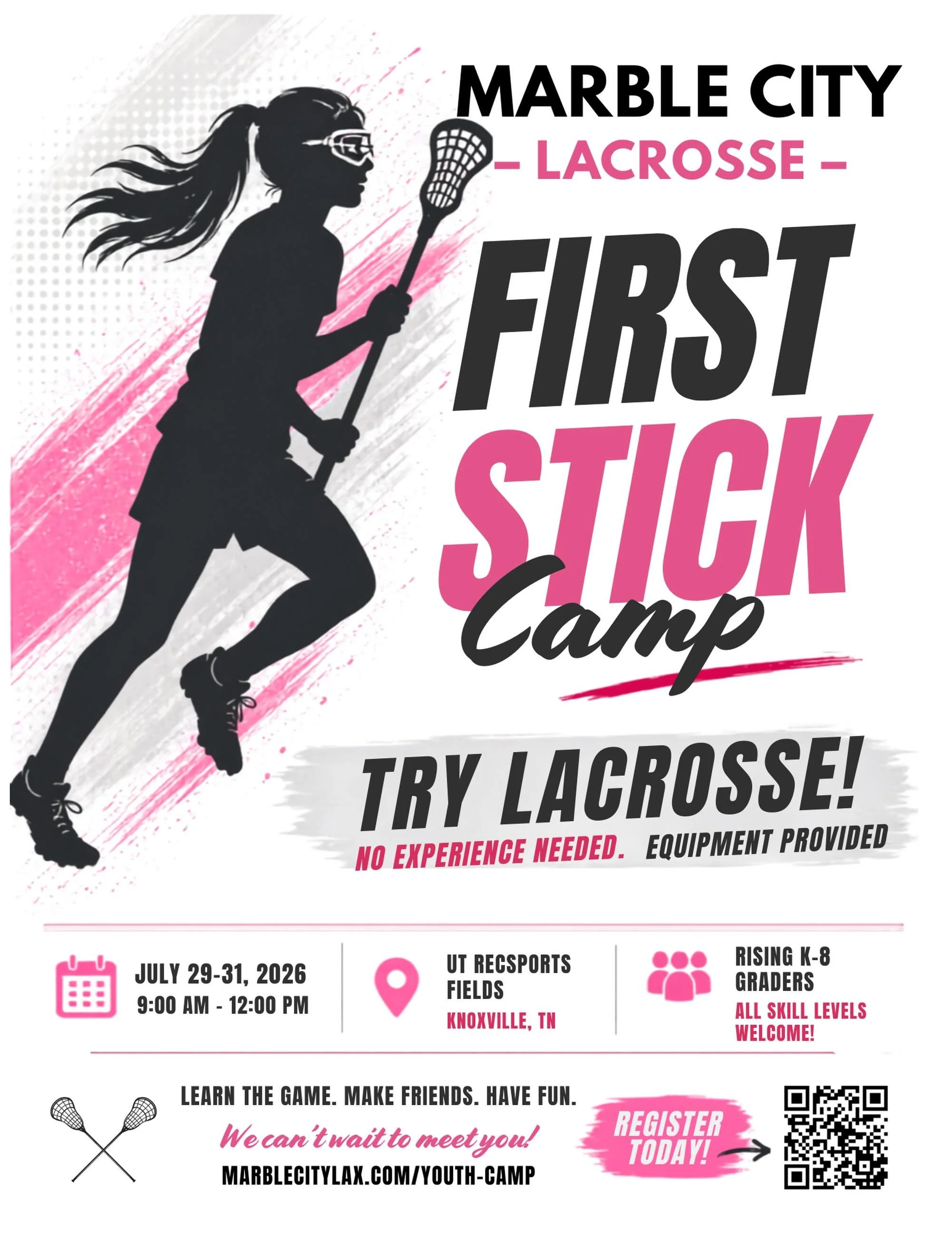 Join us for our First Stick Youth Camp! This is a great chance for rising K-8 graders to try lacrosse this summer and find out why it&rsquo;s one of the fastest growing sports in the South! No experience? No problem! We will provide the equipment, te