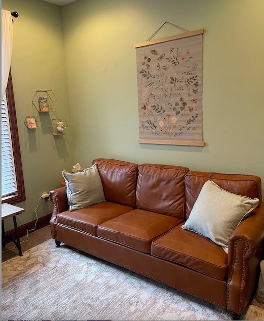 Couch and rug in a cozy office setting